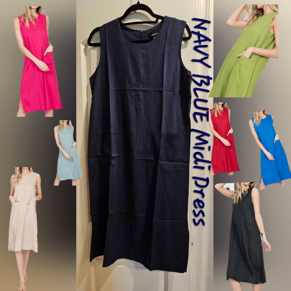 #32 🛑S,L Linen Blend Front Pockets Sleeveless Midi Dress